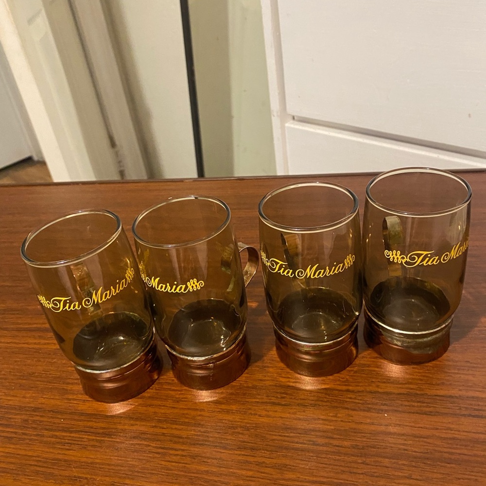 Vintage 1970s 70s Tia Maria Amber Liqueur Glasses Copper Handles  Set 4